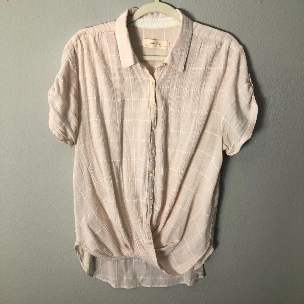Anthropologie Isabella Sinclair Light Pink Cotton Wrap Short Sleeve Shirt - Picture 2 of 6